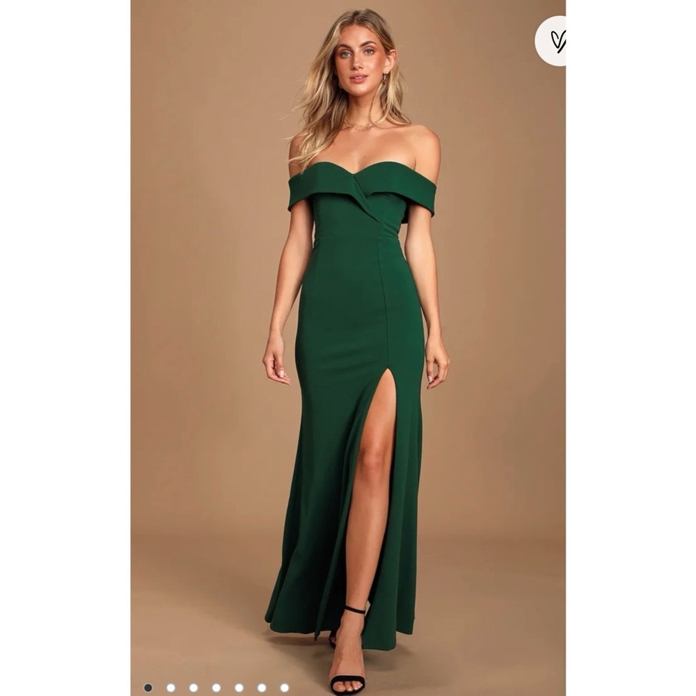 Lulus: Song of Love Hunter Green Off-the-Shoulder Maxi Dress